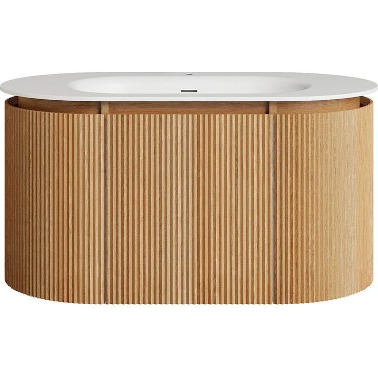 Vente-unique - Hängender Badschrank gestreift aus Eschenholz mit Einbau-Waschbecken aus mattem Harz – Hellnatur – L90 cm – LILIKO – Bild 4