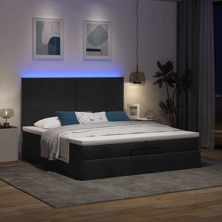 vidaXL Ottoman-Bett mit Matratzen & LEDs Schwarz 200x200 cm Stoff 3313950 – Bild 3