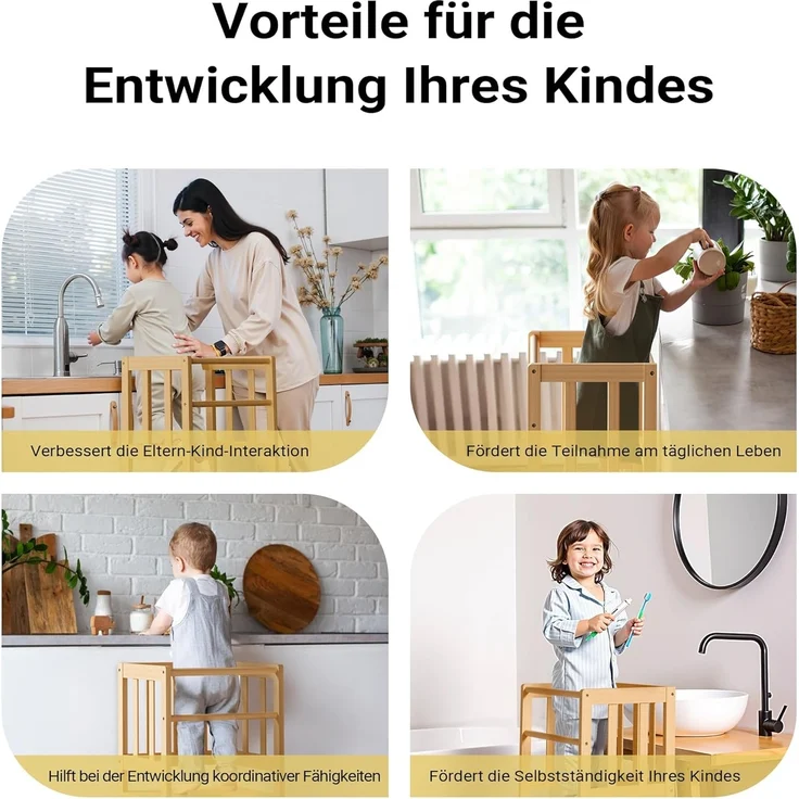 Toboli Kinderstuhl Lernturm aus Bambus, BxTxH 46 x 46 x 89 cm mit Geländer, Schutzstab, Lernstuhl für Kinder, Braun – Bild 7