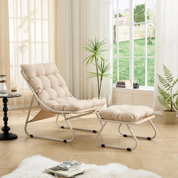 LVHOM Sessel mit Hocker, Gepolsterter Loungesessel aus Cord mit Metallgestell, ergonomischer Relaxsessel für Wohnzimmer und Schlafzimmer, Beige – Bild 7