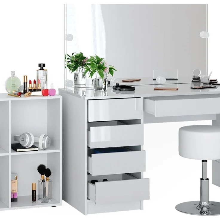 Schminktisch Sherry Weiß 120 cm 4 Teile, mit Standregal, Spiegel, Hocker, LED Vicco – Bild 6