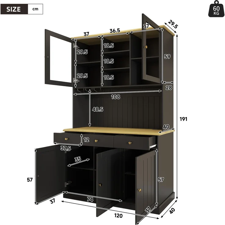 Buffetschrank 120 x 40 x 191 cm in Schwarz mit Glastüren, Schublade, Gläserhalter und Steckdosen – Bild 4