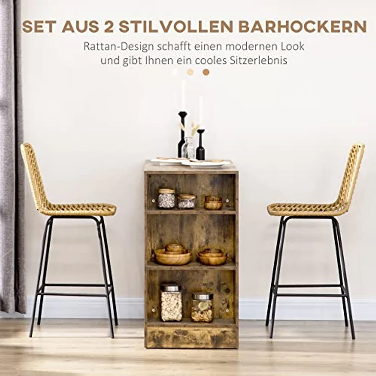 HOMCOM Barhocker Rattan Barhocker Satz (Barhocker, 2 St, Esszimmerstühle), Gelb+Schwarz 52 x 42,4 x 102 cm – Bild 5