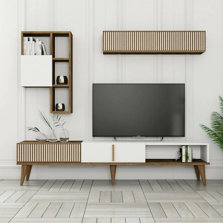 Dmora - Wohnzimmermöbel Gemini, Modulares Wohnzimmerset, Mehrzweck-Wohnzimmermöbel, Moderner TV-Schrank, 180x35h40 cm, Walnuss und Weiß – Bild 7
