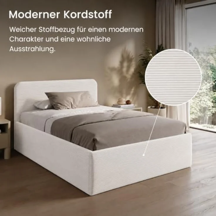 Home Collective Polsterbett mit Stauraum, verstellbarem Lattenrost, 6 Größen wählbar, hochwertiger Kordstoffbezug, Weiß, Federkern- oder Kaltschaummatratze – Bild 8