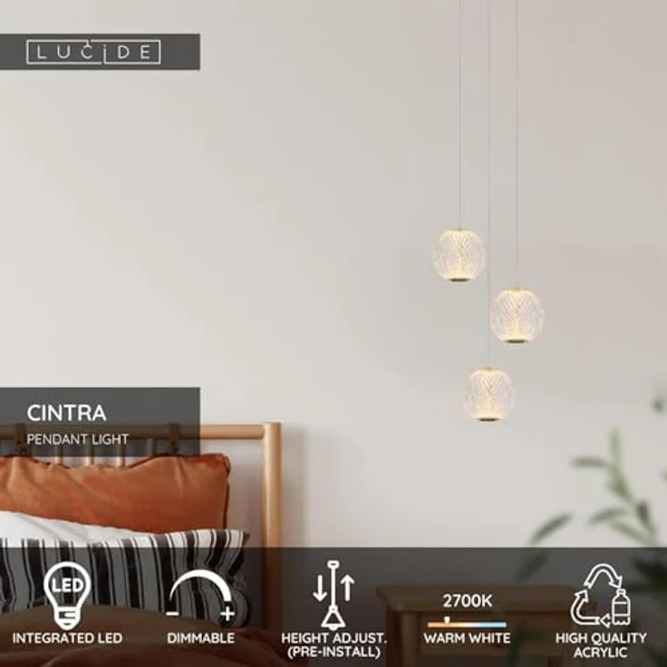 Lucide CINTRA Pendelleuchte, Ø 25 cm, dimmbar, LED 3x4,7W 2700K, transparent klar – Bild 3