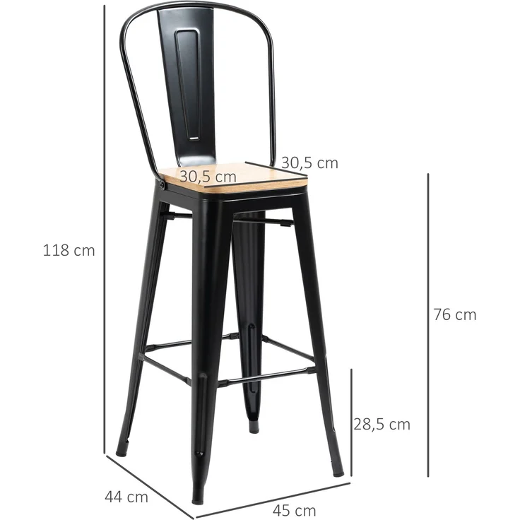4er-Set Barhocker im Industriestil mit Rückenlehne und Fußstütze, Sitzhöhe 76 cm, schwarzes Metall, mehrschichtige Platten in heller Holzoptik – Bild 5