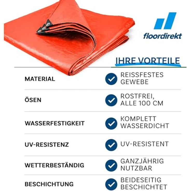 Floordirekt Abdeckplane | Gewebeplane | Schutzplane Bootsplane Zeltunterlage für Camping Garten wasserdichte Planemit Ösen Viele Qualitäten, Größen, Farben 6x10 m 60m² 140 g/m², Orange – Bild 5