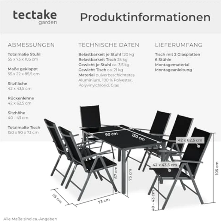 tectake® Sitzgarnitur Aluminium Klappstühle, Lounge Set mit 6X Stühle und 1x Glastisch Esstisch, Gartenmöbel Set wetterfest für den Balkon, Gartenstühle, Terrassenmöbel, Liegestuhl - anthrazit – Bild 7