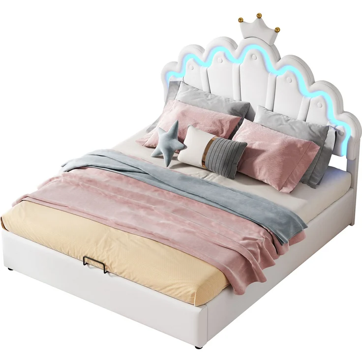 Prinzessinnenbett 140x200 cm, gepolstertes Bett mit LED-Beleuchtung und hydraulischem Stauraum, Kunstleder Weiß,mit Wolkenkopfteil und Krone – Bild 7