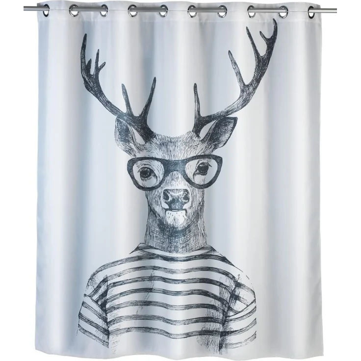 WENKO MR. DEER Duschvorhang 180 x 200 cm, Weiß/Grau, waschbar, Polyester – Bild 1