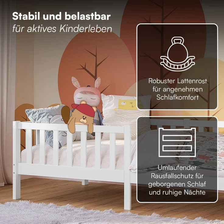 Bellabino 'Vere' Kinderbett 90x200 cm, weiß, Massivholz Kiefer, Jugendbett mit Rausfallschutz und Lattenrost – Bild 4