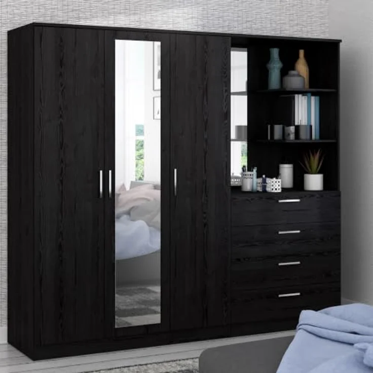Forte Panama Kleiderschrank 200, moderner Schrank mit Regalkombination, 3-türig, 4 Schubladen, 2 offene Fächer, 2 Spiegel, Cabezone Eiche Holzdekor, 199 cm breit x 181 cm hoch x 52,7 cm tief – Bild 1