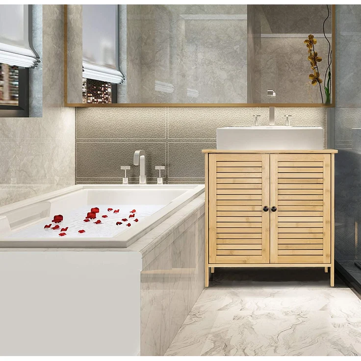 EUGAD Badezimmer Badmöbel Set Waschbeckenunterschrank Unterschrank Badezimmerschrank mit Spiegelschrank Hängeschrank für Bad Bambus Model 5 – Bild 2
