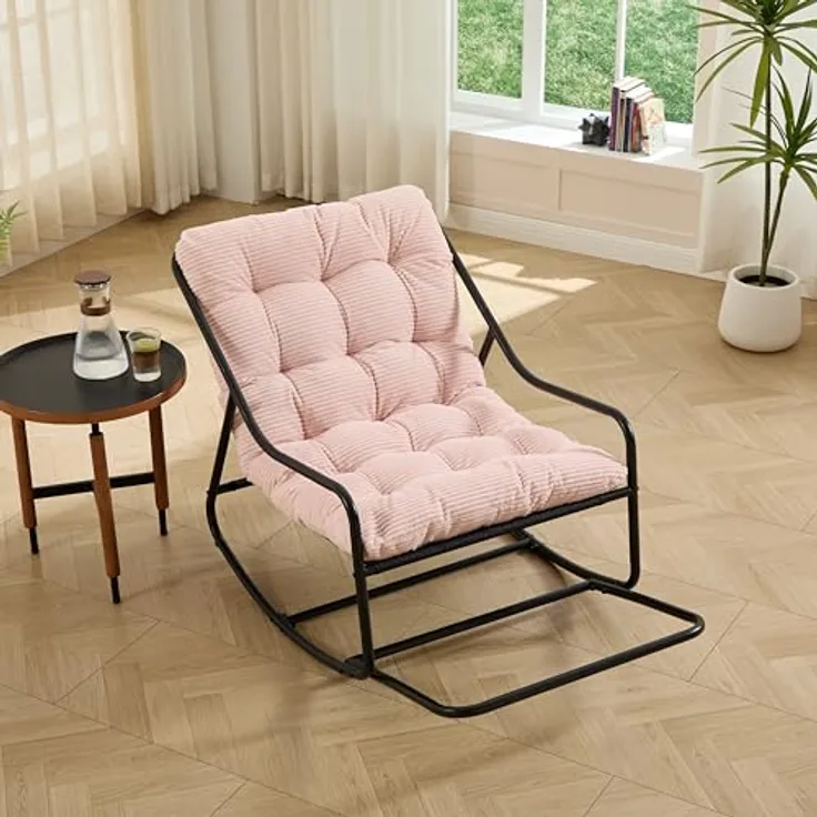 Ball & Cast Schaukelstuhl für Drinnen & Draußen, Rocking Chair mit Gepolstertem Kissen und Fußstütze, Balkonsessel für Wohnzimmer, Garten & Terrasse, Rosa