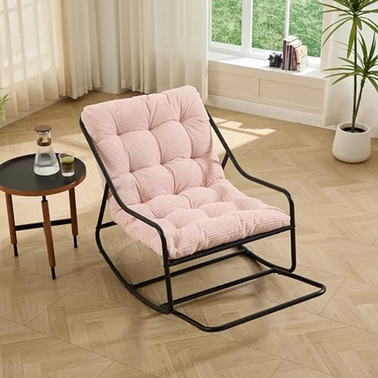 Ball & Cast Schaukelstuhl für Drinnen & Draußen, Rocking Chair mit Gepolstertem Kissen und Fußstütze, Balkonsessel für Wohnzimmer, Garten & Terrasse, Rosa – Bild 1