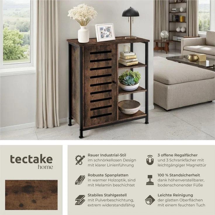 tectake Highboard Hochkommode, mit höhenverstellbaren Kunststofffüßen, 70 x 32 x 82 cm (Stauraumschrank, in Industrial Holz dunkel, rustikal), Industrial Style, Holz und Stahl, Ablage und 3 offene Fächer – Bild 2