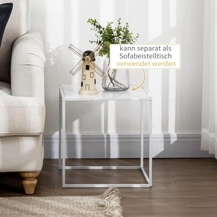 HOMCOM Couchtisch-Set, Weiß, quadratisch, 40x40 cm, aus robustem Stahl, platzsparend ineinanderschiebbar – Bild 5