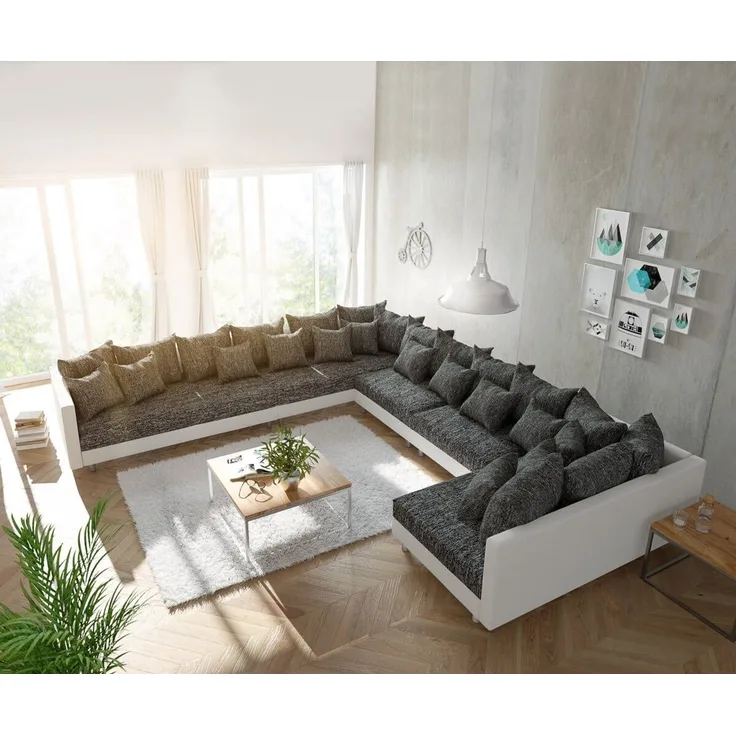 Wohnlandschaft Clovis XXL Weiss Schwarz Ottomane Links