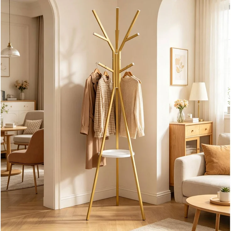 Garderobenständer 45,5 x 180 x 45,5 cm mit 9 Haken und runder Ablage – Metall und MDF, Gold – Bild 1