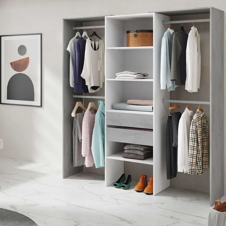 Habitdesign, offener Kleiderschrank mit 2 Schubladen – modernes Garderobensystem mit Kleiderstangen und Einlegeböden, in Artik weiß und Zementgrau, Maße: 179 x 202 x 50 cm (B x H x T), Modell Tidy – Bild 8