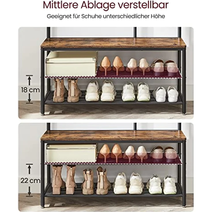 VASAGLE Kleiderständer, Garderobe, Garderobenständer mit Haken, Spiegel, Sitzbank, 35 x 98 x 180 cm, für Eingangsbereich, Schlafzimmer, Wohnzimmer, Industrie-Design, vintagebraun- schwarz HSR415B01 – Bild 9