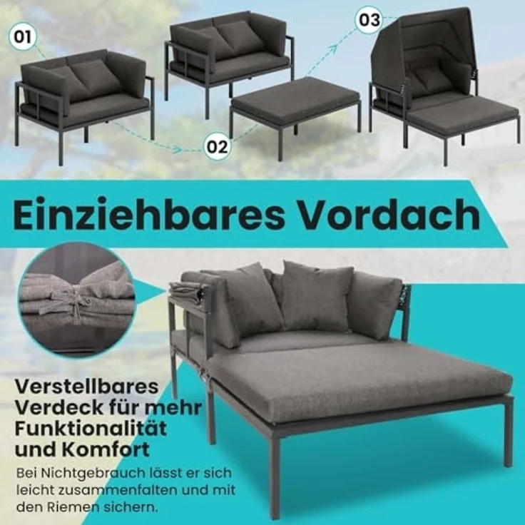 Melko Gartenlounge-Set Sonneninsel inkl. Sonnendach Strandkorb Sonnenliege Aluminium Grau, (wetterfest, resistent gegen Regen, Salzwasser und intensive Sonneneinstrahlung, inkl. 2 extra dicke und weiche Kissen inkl. Reißverschluss), 2 Beistelltischen u... – Bild 4