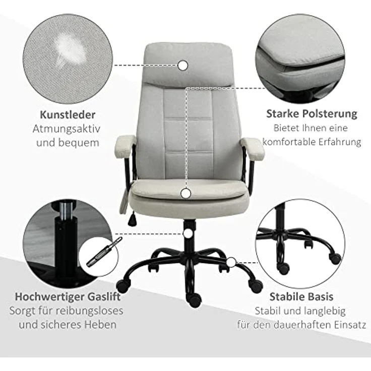 Vinsetto Massage-Bürostuhl, Beige, ergonomisch mit atmungsaktivem Webstoff und höhenverstellbar, Drehstuhl für Arbeitszimmer – Bild 8