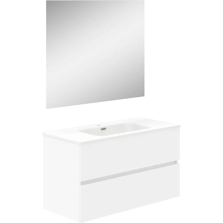 Baikal Badezimmerschrank, Zwei Schubladen, Wandmontage, mit Waschbecken, Melamin 16, montiert, Möbel 90 cm, Weiß mit Spiegel Mond – Bild 1