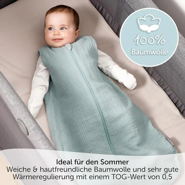 LaLoona Sommer-Schlafsack Musselin/Mull, Mint, 60 cm, atmungsaktiv mit TOG 0,5 und Kinnschutz – Bild 2