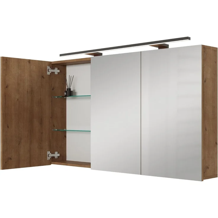 Planetmöbel ARIA Spiegelschrank Bad mit Beleuchtung 120 cm breit | Badschrank hängend mit Spiegel | Gold Eiche, mit Leuchte und Steckdose, Spiegelschrank Gäste WC 120 x 70 x 16 cm – Bild 1