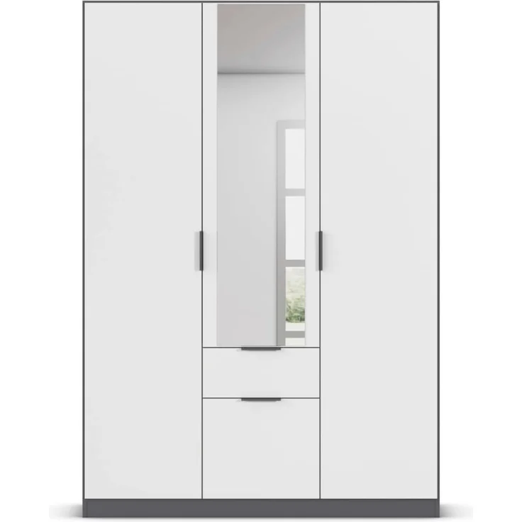 Rauch Möbel Glasgow Drehtürenschrank, Kleiderschrank, Schrank, Garderobe 3-türig, 1 Spiegeltüre, 2 Schubladen, Farbe Weiß/Grau metallic, Griffprofil Grau metallic, 136 x 197 x 54 cm – Bild 9