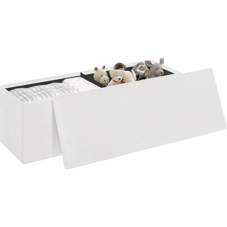 eSituro Sitzbank mit Stauraum, Sitztruhe klappbar, Truhenbank mit Deckel, Polsterbank mit Teddystoff-Bezug, Fußbank für Schlafzimmer, Aufbewahrungsbox, 135 L, 300 kg belastbar, 110 x 38 x 38 cm, Weiß