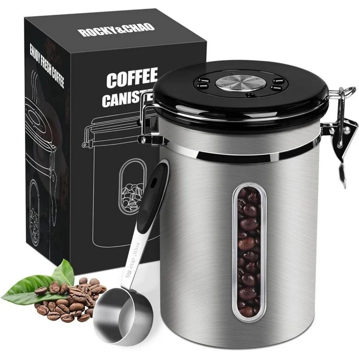 BlingBin Kaffeedose 1,8/2,8L Edelstahl Kaffeebohnen Vorratsdose,Luftdichte Kaffeebehälter, Edelstahl, (1er Set, 1-tlg, 11.8*18.6 cm), Kaffeedose mit CO2-Ventil, Messlöffel & Datumsanzeige für Nüsse Kakao – Bild 1