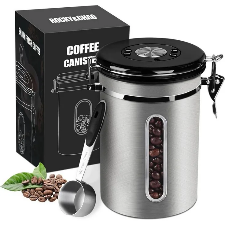 BlingBin Kaffeedose 1,8/2,8L Edelstahl Kaffeebohnen Vorratsdose,Luftdichte Kaffeebehälter, Edelstahl, (1er Set, 1-tlg, 11.8*18.6 cm), Kaffeedose mit CO2-Ventil, Messlöffel & Datumsanzeige für Nüsse Kakao