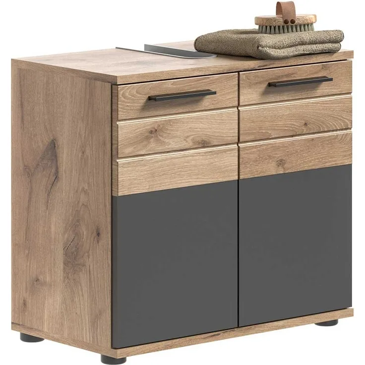 Waschbeckenunterschrank Marnitz / Mason, Holzwerkstoff, Grau, Holzfarben, 60 x 56 x 34 cm