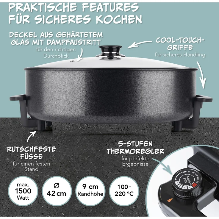 GOURMETmaxx Elektrische Pfanne 1500W metallic schwarz 42cm mit Deckel & Trenner, 1500 W, Pasta Pizza ohne Herd zubereiten Antihaftbeschichtung mit Cool-Touch – Bild 3