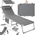 tectake® Sonnenliege klappbar, tragbar, Liege mit Seitentasche, Strandliege, Gartenliege mit Dach, Liegestuhl mit Verstellbarer Rückenlehne, inkl. Kopfkissen - für Balkon, Terrasse, Camping - grau