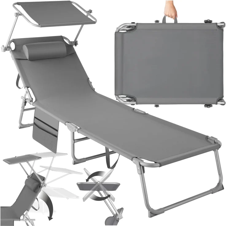 tectake® Sonnenliege klappbar, tragbar, Liege mit Seitentasche, Strandliege, Gartenliege mit Dach, Liegestuhl mit Verstellbarer Rückenlehne, inkl. Kopfkissen - für Balkon, Terrasse, Camping - grau – Bild 1