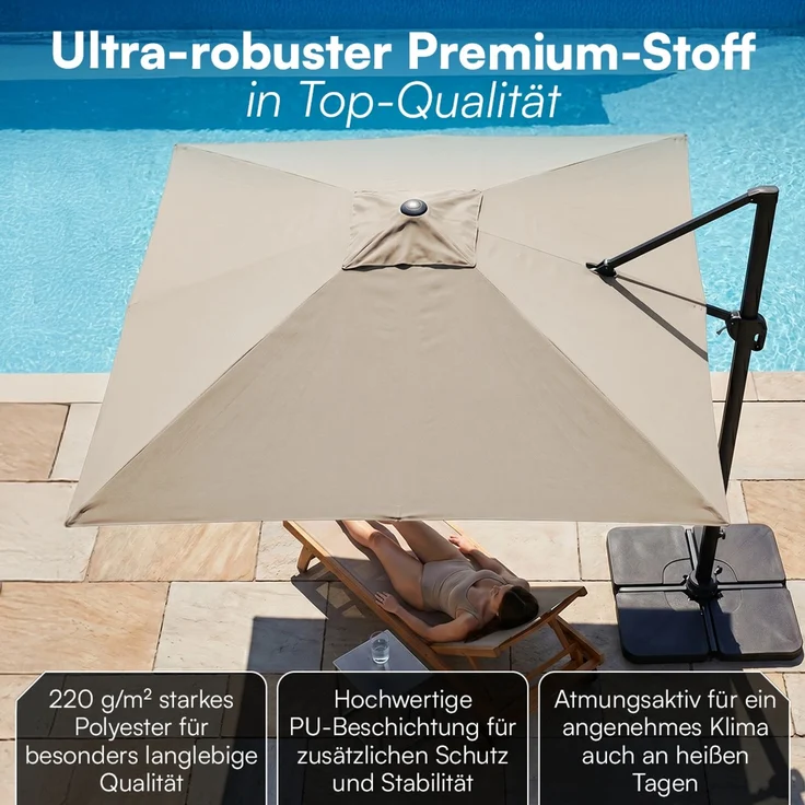 STEELSØN 'Elaris' Premium Sonnenschirm 300x300 cm quadratisch, neigbar und 360-Grad drehbar, taupe, Ampelschirm inkl. Hülle, extrem robuste Metall-Stange, 220 g/m² Polyester, UV50+ – Bild 5