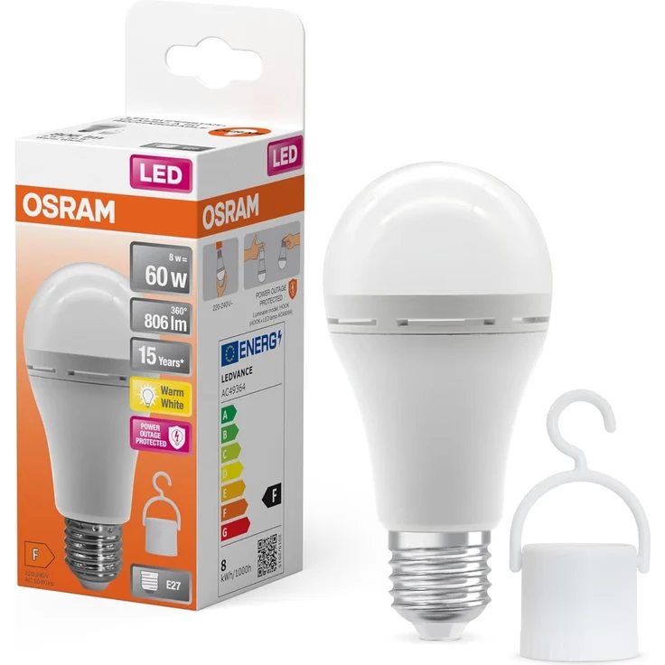 Osram LED Classic A 60 Camping Lampe/Notlicht mit integriertem wiederaufladbaren Akku (ex 60W) 8W Warmweiß E27 – Bild 1