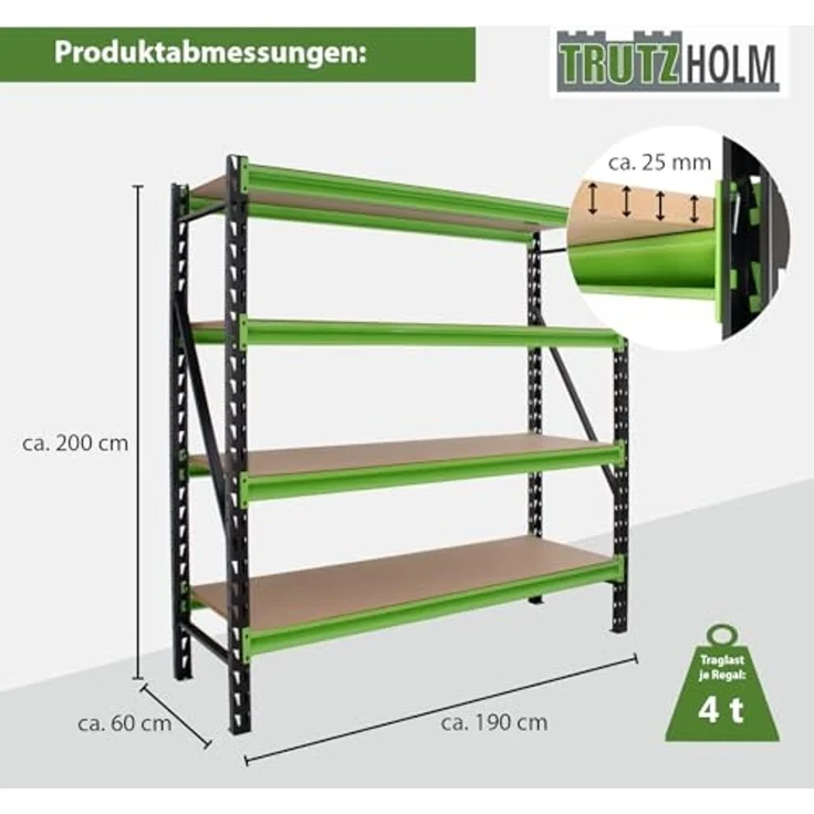 2x Industrieregal Milo 200x190x60 cm steckbar, erweiterbar 4 Ebenen 4 Tonnen Schwerlastregal Regal – Bild 2