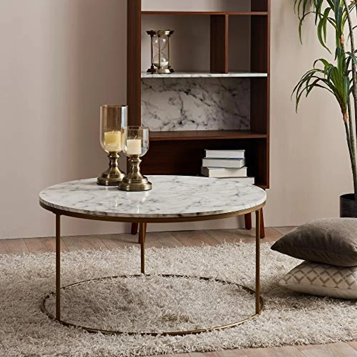 Teamson Home Marmo Modern Marble-Look Couchtisch, rund, messinggebürstete Basis, faux-marmorierte Tischplatte, 91.4x45.7x45.7 cm – Bild 2