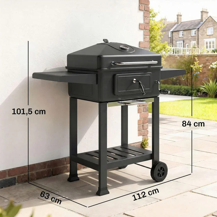 Holzkohlegrill BBQ Smoker mit Deckel Thermometer höhenverstellbar Kohlepfanne Grillrost Seitentisch Aschefach--Schwarz--101.5x63x112cm--CHENHAONING – Bild 5