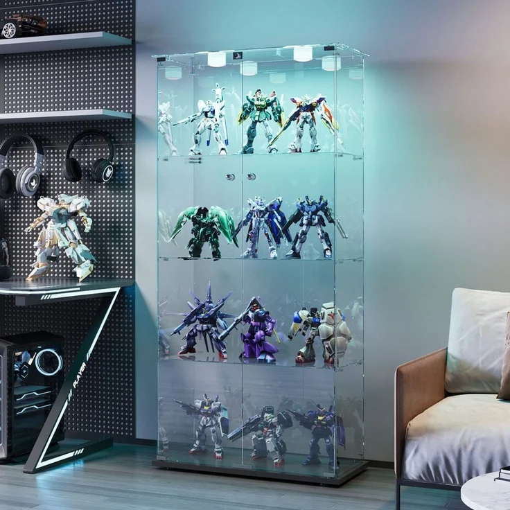 FUROKOY Glasvitrine Standvitrinen, Vitrine aus gehärtetem Glas (Vitrinenschrank mit 2 Glastür und Beleuchtung für Sammler, Bücher) 4 Lagen Sammlervitrine, Schwarz – Bild 3