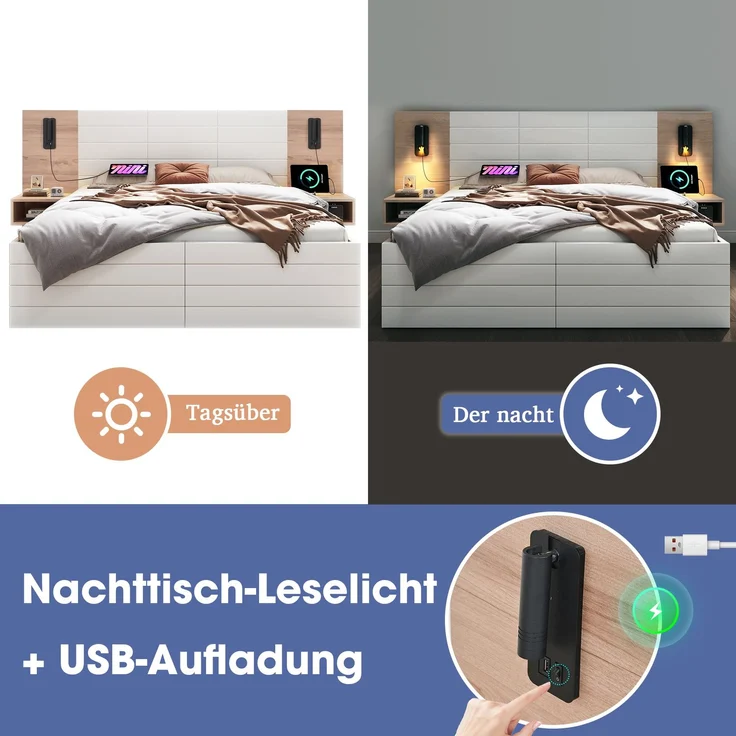 Doppelbett Holzbett Bettanlage mit 2 Schubladen, Kopfteil Leselicht mit USB Ladefunktion, Modernes Bett inkl. 2 Nachtkommode, Bettgestell & Lattenrost, Set in Eiche/Weiß, Ohne Matratze, 180×200 cm – Bild 4