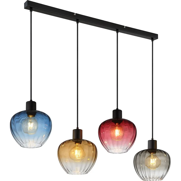 Hängeleuchte, Glas, bunt, Metall, schwarz, Höhe 120 cm