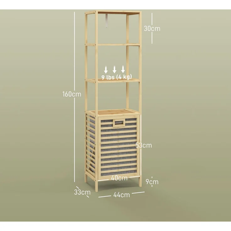 Badregal 44 x 33 x 160 cm aus lackiertem Bambus mit 3 Ablagen und kippbarem Wäschekorb – Bild 4