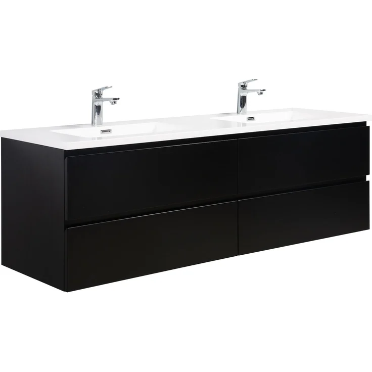 Badplaats Badmöbel Set mit Waschbecken und Unterschrank Angela 160 x 48 cm Schwarz Matt - Waschbeckenunterschrank mit Soft-Close und Doppelwaschbecken, Vorgemontiert – Bild 1