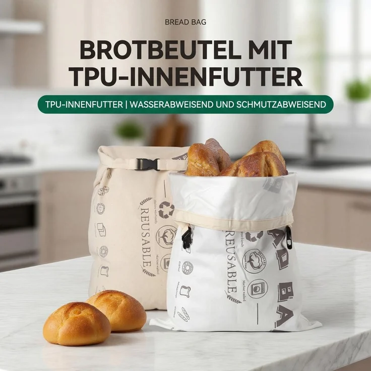 JASLIFE Brottasche Brotbeutel wiederverwendbar mit Clipverschluss, Baumwolle, waschbar, (Einzelstück, 2er Set, 1-tlg, 1-teilig), wiederverwendbar, leicht zu reinigen, praktisch im Alltag – Bild 3
